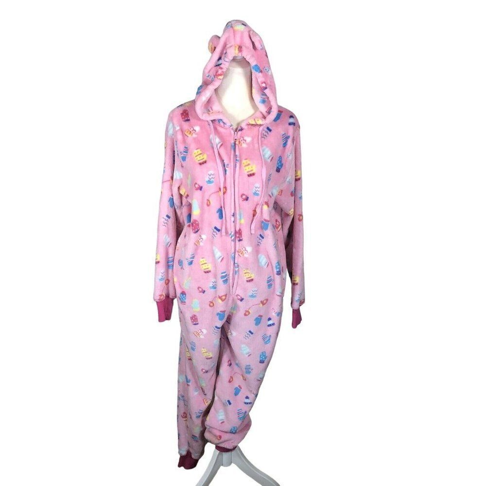 Munki Munki One Piece Pajamas PJ Women Small Pink Mittens Hooded Fleece Cozy